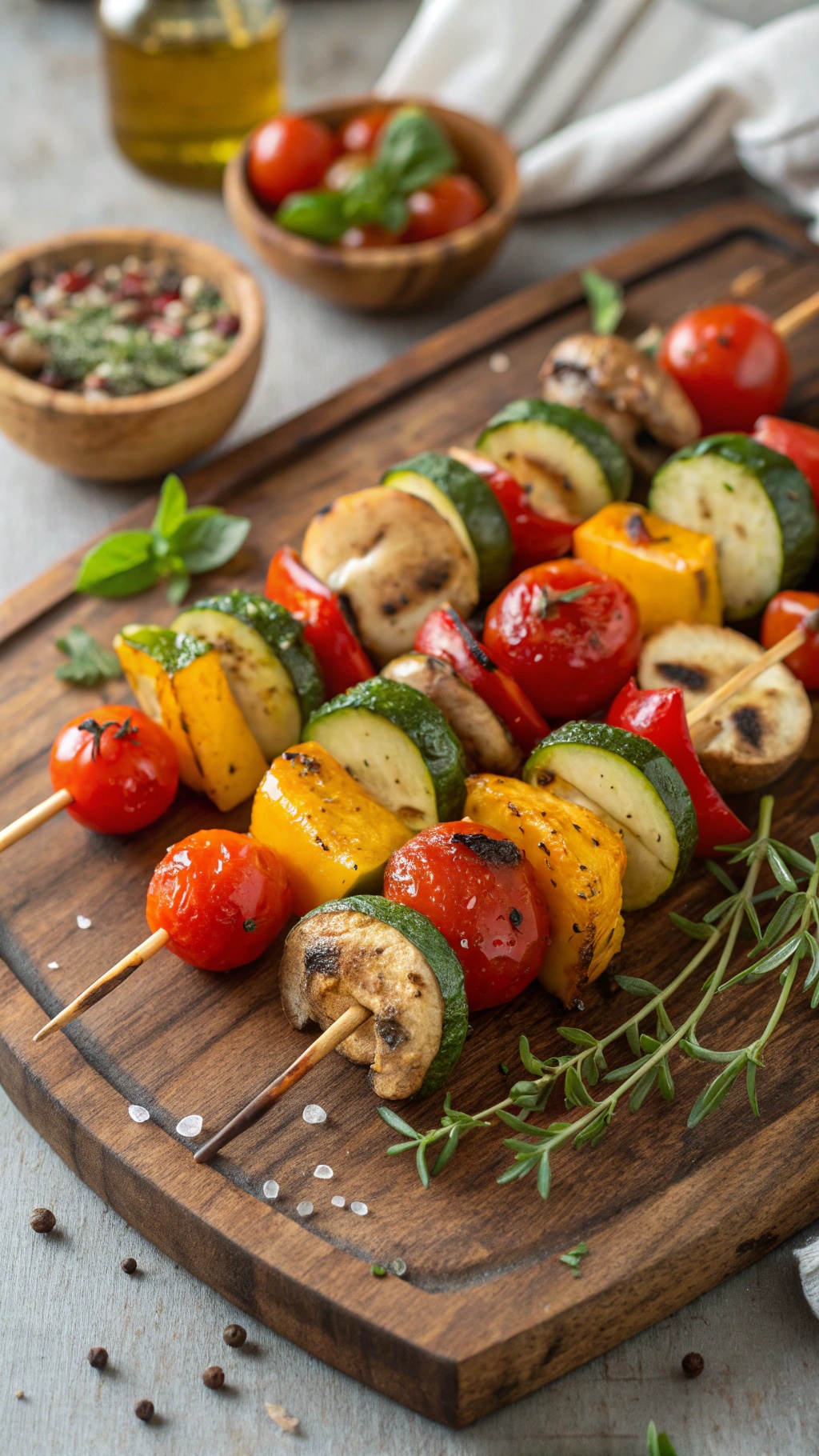 Colorful grilled vegetable skewers on a wooden board with herbs and spices.