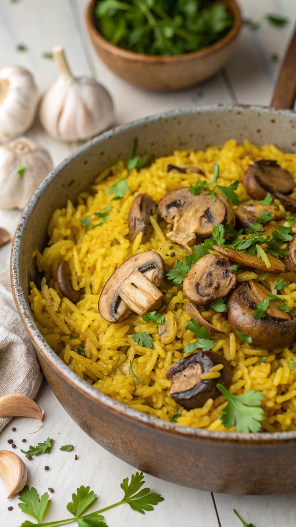 A bowl of garlic butter mushroom rice garnished with fresh herbs, surrounded by garlic cloves and parsley.