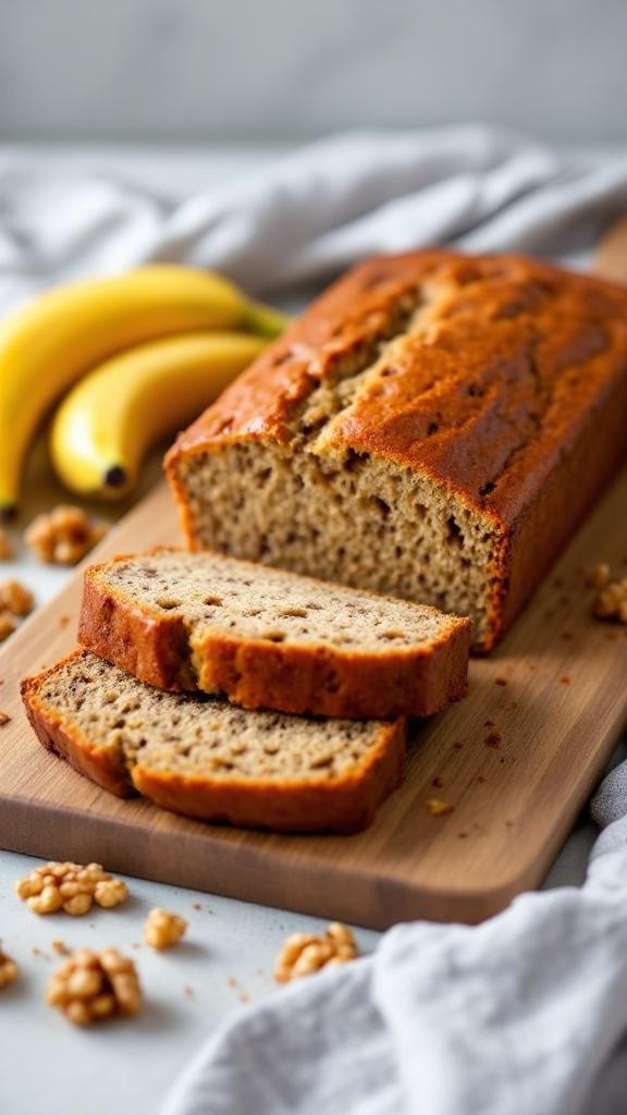 A loaf of vegan banana bread sliced on a wooden board with bananas and walnuts in the background.