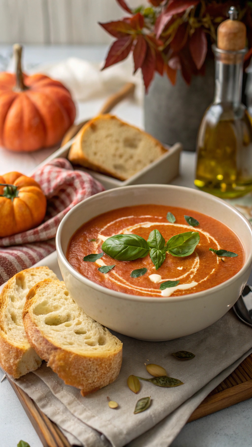 A bowl of creamy tomato basil soup garnished with basil leaves, served with slices of bread and a small pumpkin in the background.