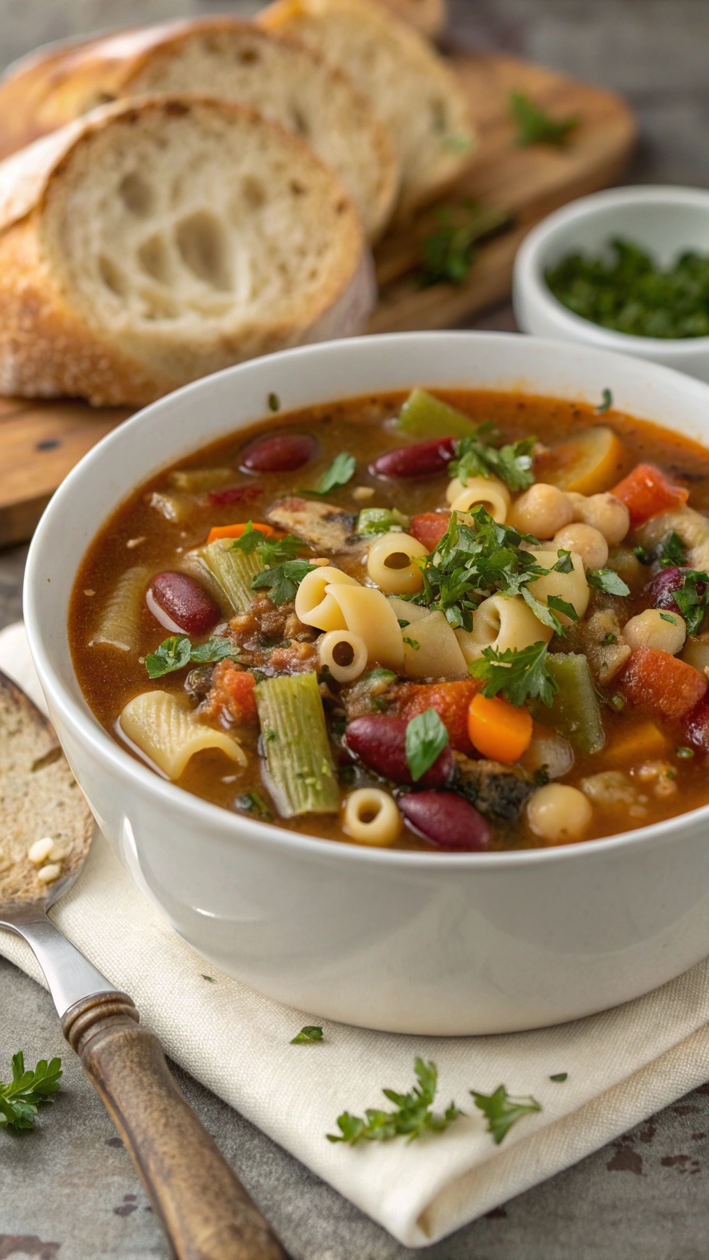 A bowl of vegetable minestrone soup with pasta and fresh herbs, served with slices of crusty bread.