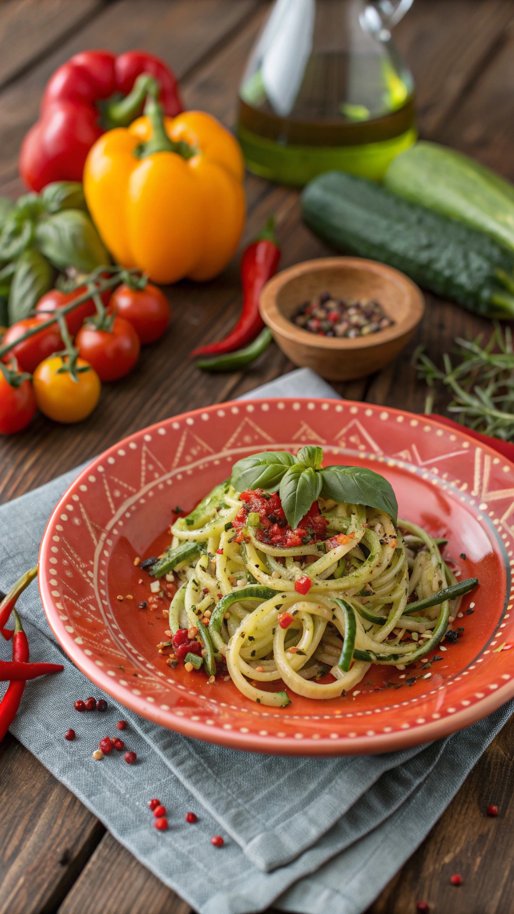 A vibrant plate of spicy zucchini noodles with fresh vegetables and herbs.
