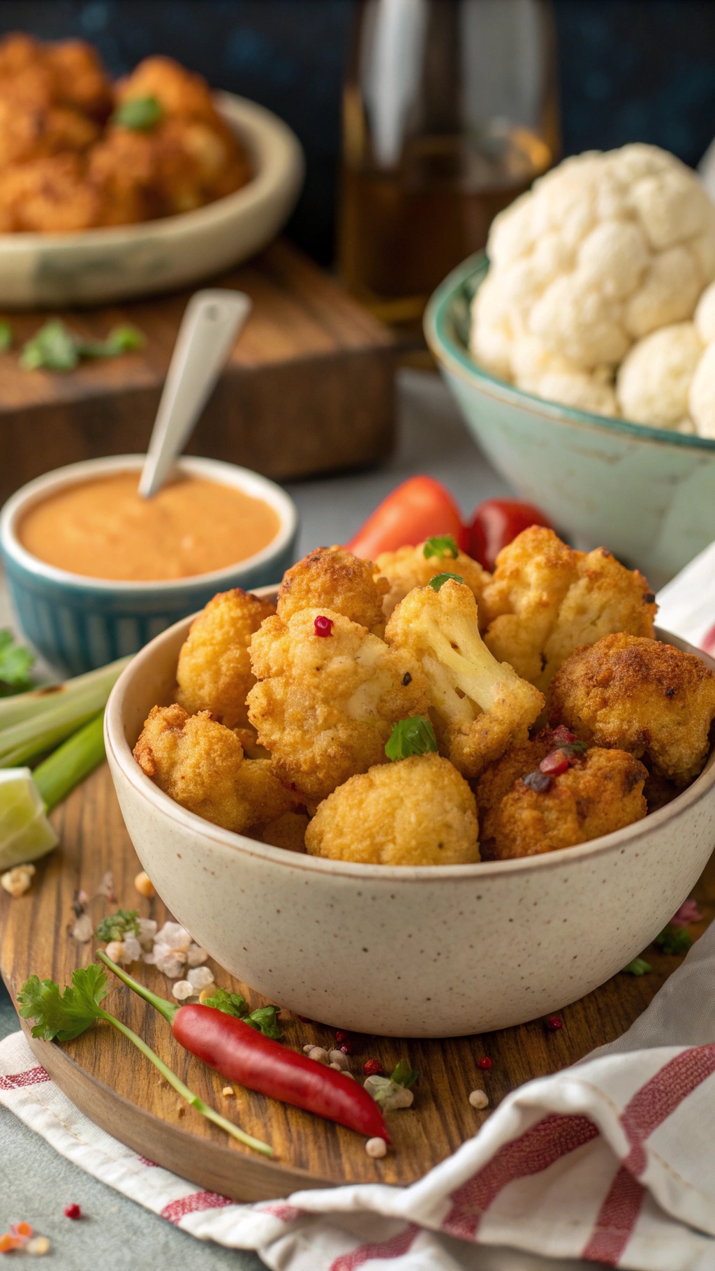 A bowl of crispy air fryer cauliflower bites served with a dipping sauce and garnished with herbs.