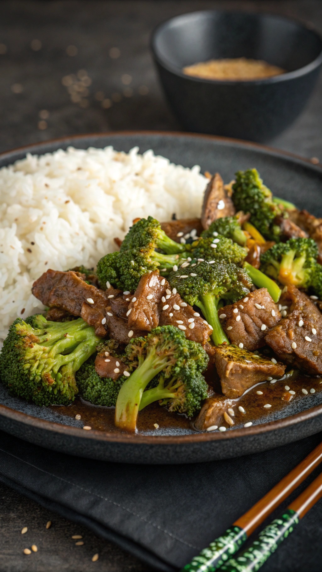 A plate of beef and broccoli served with rice, garnished with sesame seeds.