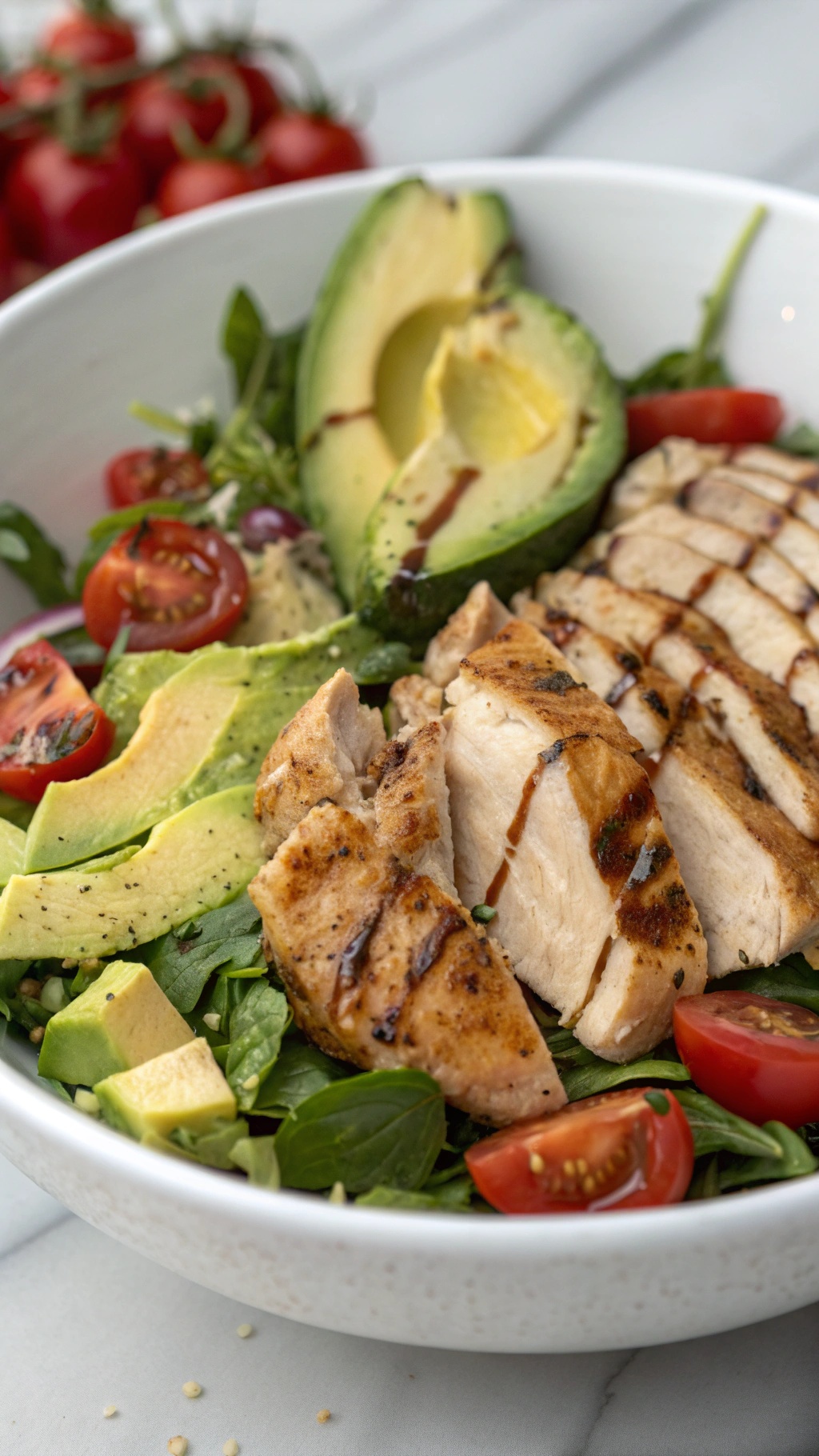 A bowl of chicken and avocado salad with grilled chicken, sliced avocado, cherry tomatoes, and fresh greens.