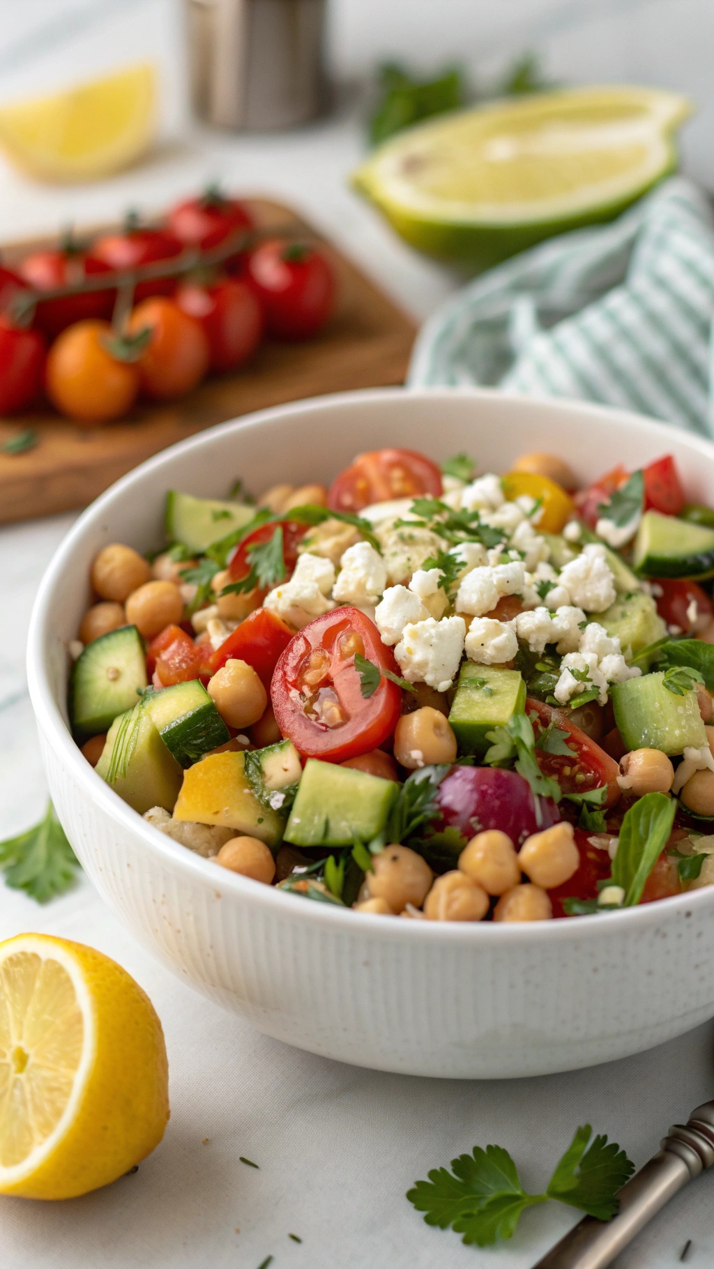 A colorful chickpea salad with feta cheese, tomatoes, cucumbers, and herbs in a bowl.