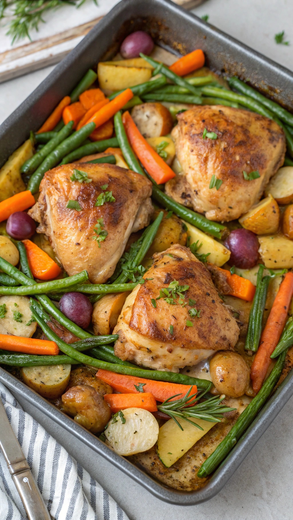 A one-pan dish featuring chicken thighs, colorful vegetables like carrots and green beans, all seasoned and ready to bake.