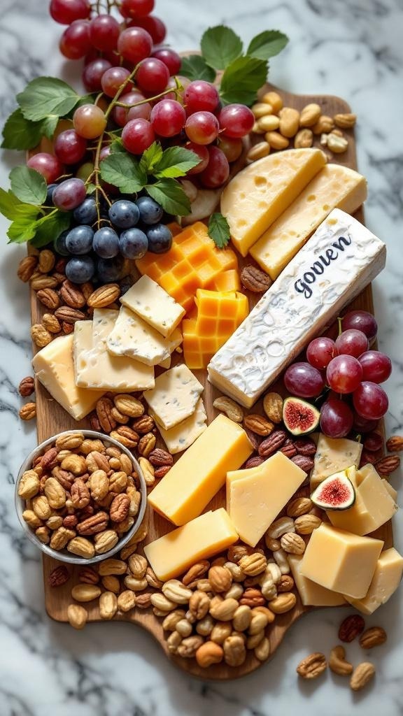 A beautifully arranged charcuterie board featuring various cheeses, fruits, and nuts.