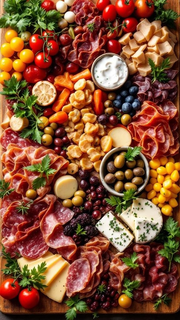 A colorful antipasto platter featuring cured meats, cheeses, fresh vegetables, and olives.