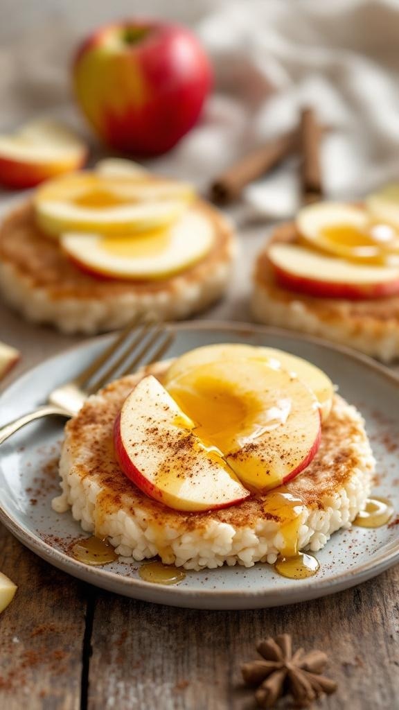 Savory apple cinnamon rice cakes topped with apple slices and honey