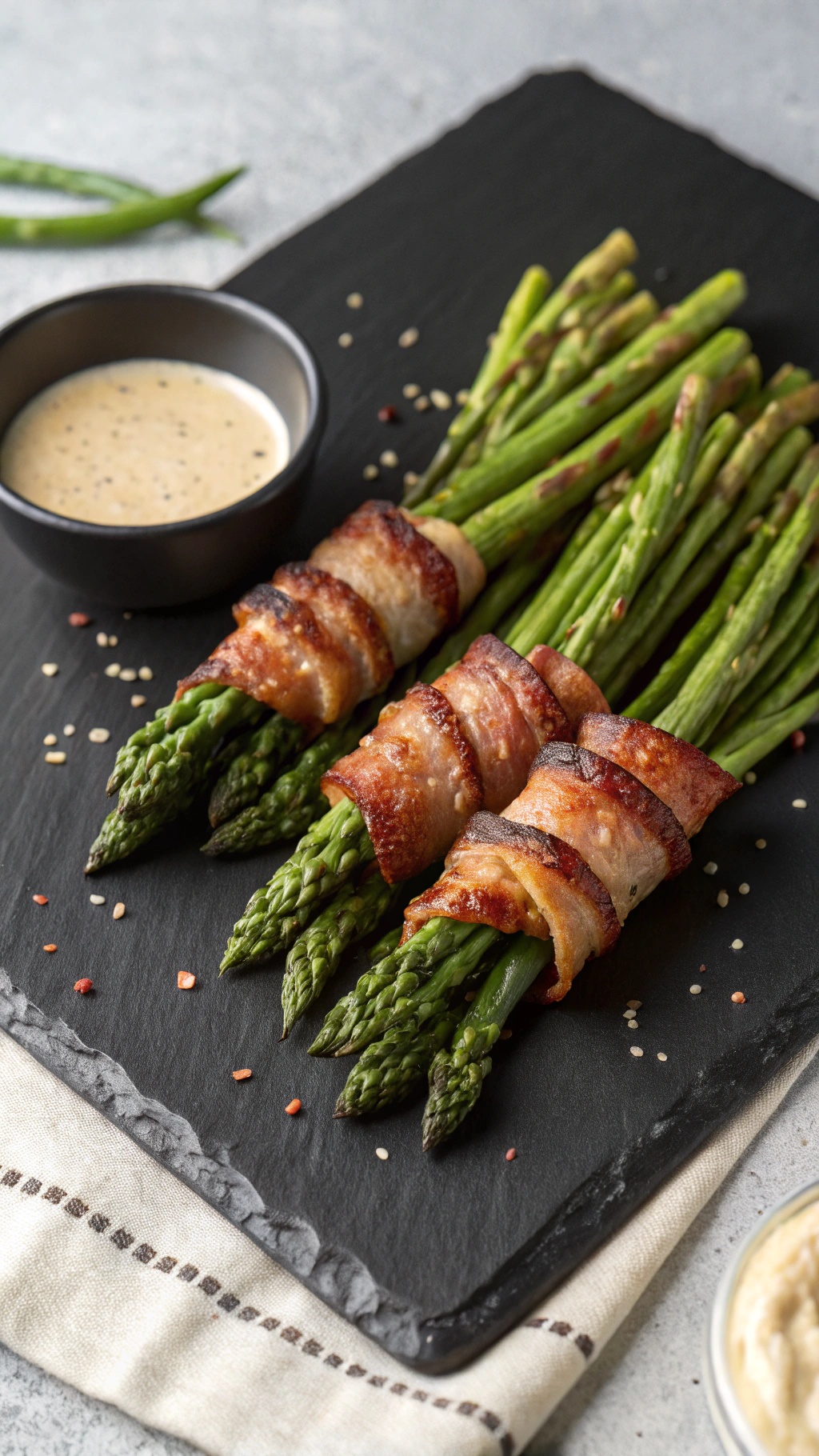 Bacon-wrapped asparagus bundles on a black slate serving board with a dipping sauce.