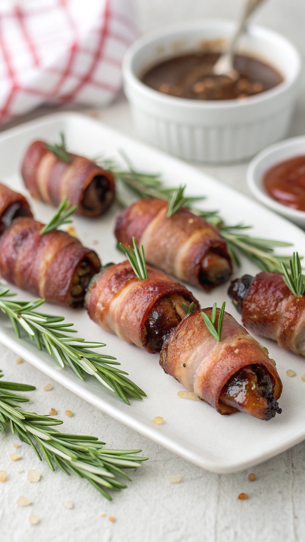 Bacon-wrapped dates garnished with rosemary on a white plate