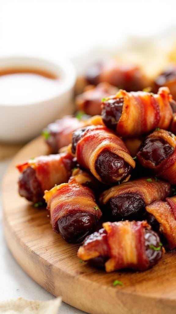 A platter of bacon-wrapped dates with a bowl of dipping sauce