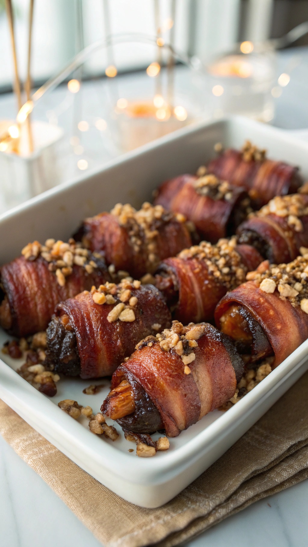 A dish of bacon-wrapped dates topped with chopped pecans, ready for serving.