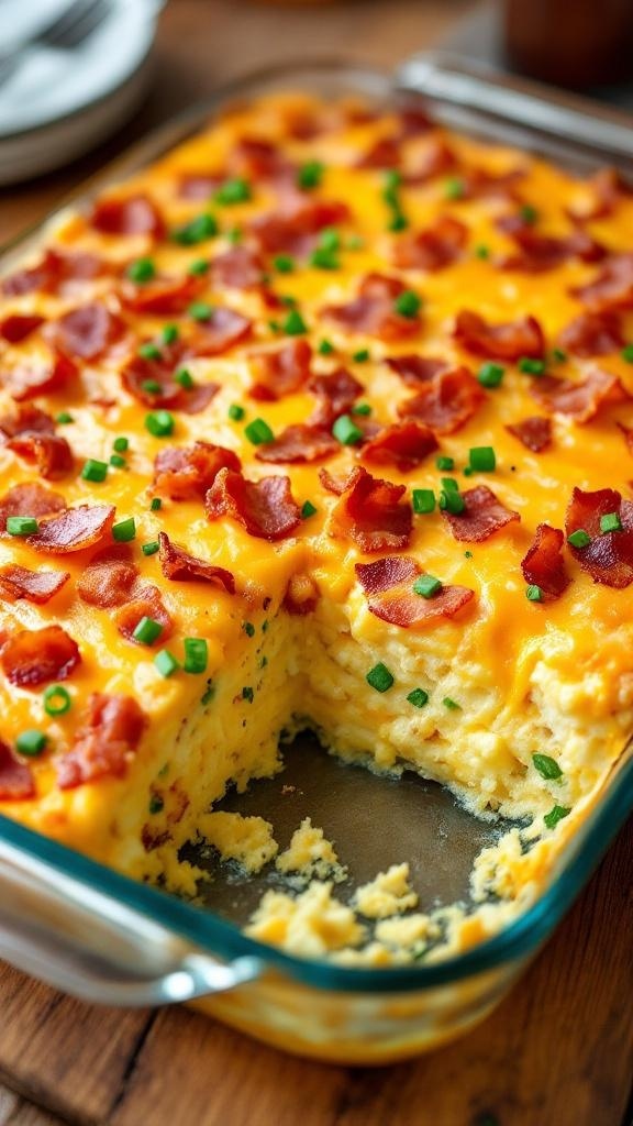 A delicious bacon and egg breakfast casserole topped with cheese and green onions.