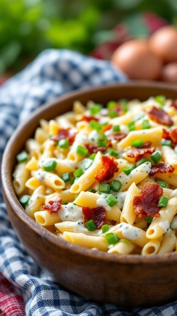 A bowl of savory bacon ranch pasta salad with green onions and bacon bits on top.