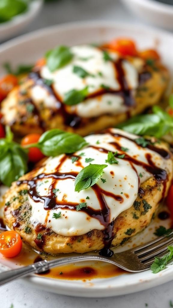 Savory Baked Pesto Chicken with mozzarella and balsamic glaze