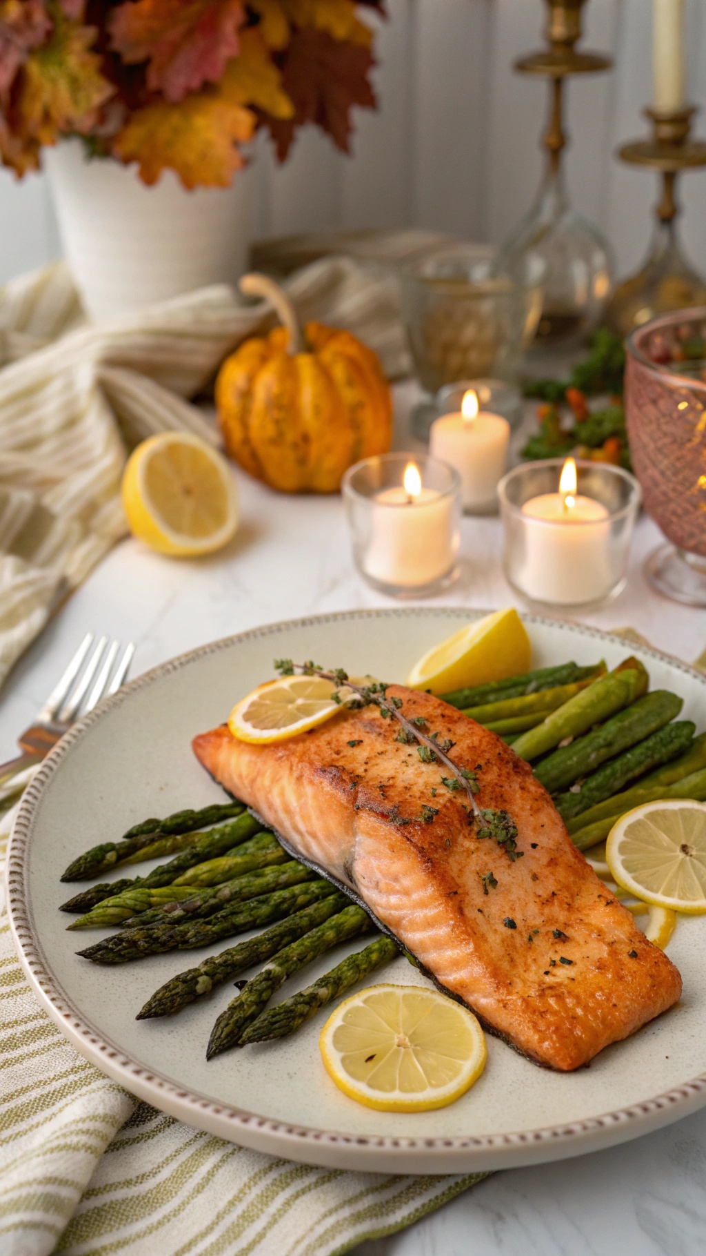 Baked salmon fillet served with asparagus and lemon slices on a plate, surrounded by autumn decor.