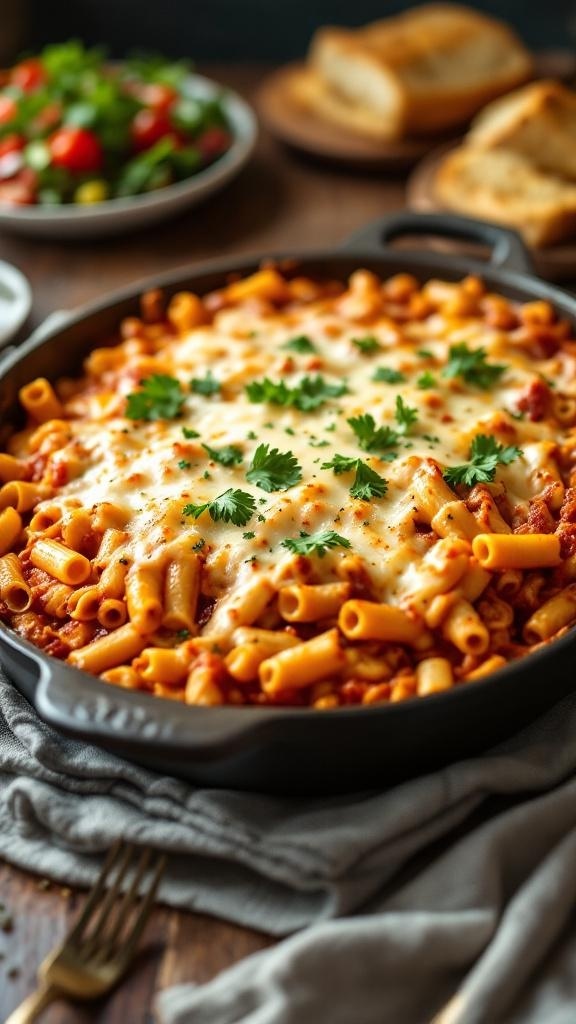 A delicious baked ziti topped with melted cheese and fresh herbs, served with a side salad and garlic bread.