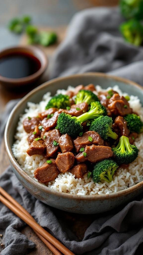 A bowl of beef and broccoli served over rice with chopsticks