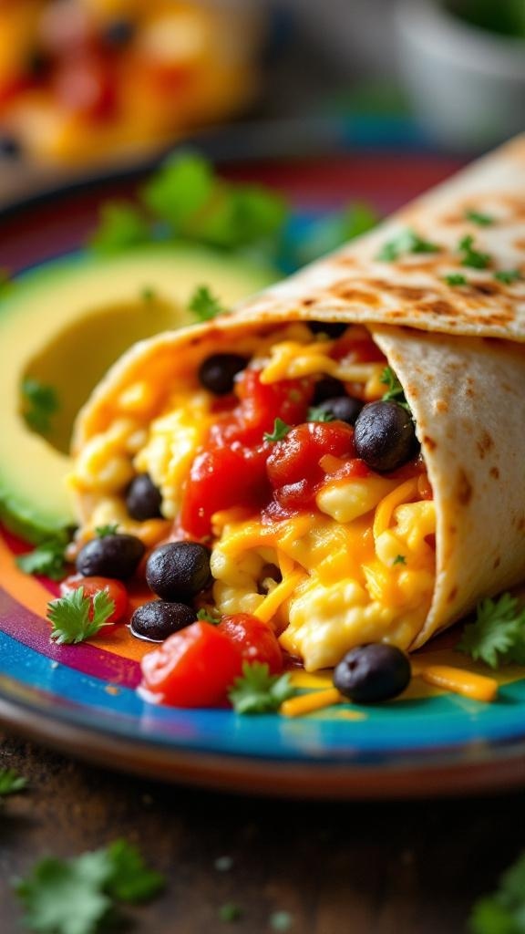 A colorful breakfast burrito filled with eggs, black beans, tomatoes, and cheese on a vibrant plate.