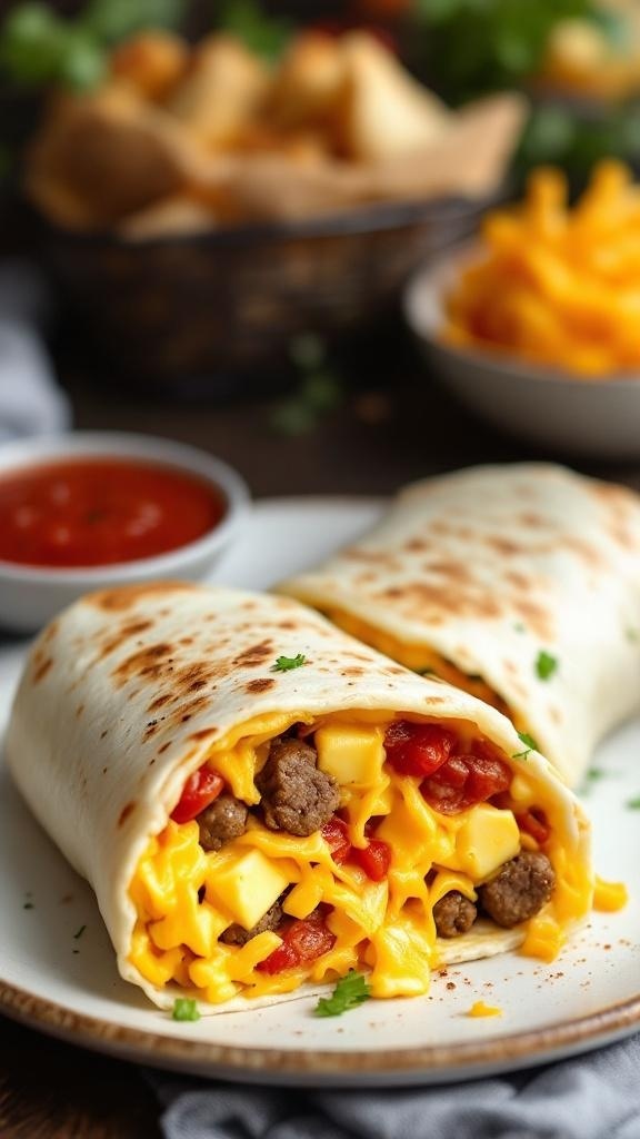 Delicious breakfast burritos filled with meat, cheese, and tomatoes, served with salsa.