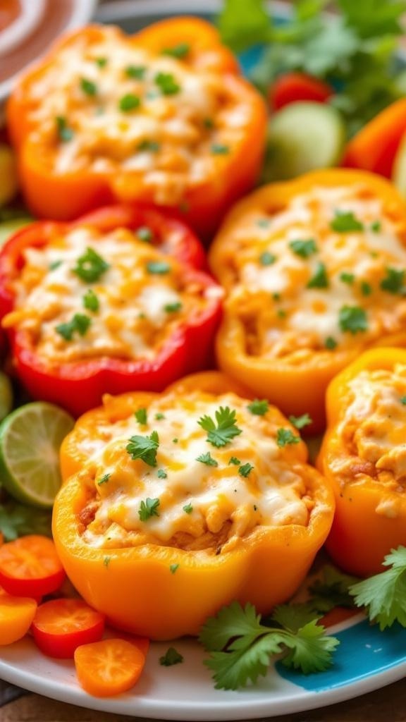 Colorful stuffed bell peppers filled with buffalo chicken dip, garnished with cilantro.