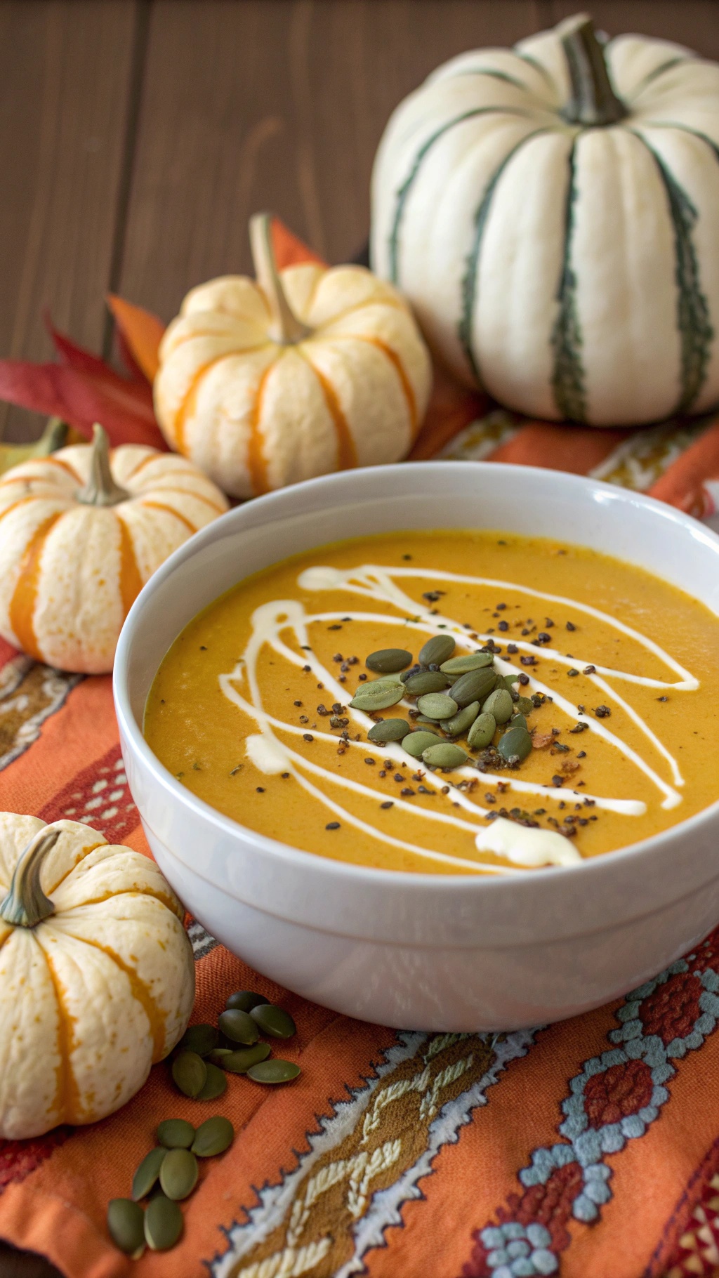 A bowl of creamy butternut squash soup garnished with pumpkin seeds, surrounded by decorative pumpkins on a colorful tablecloth.