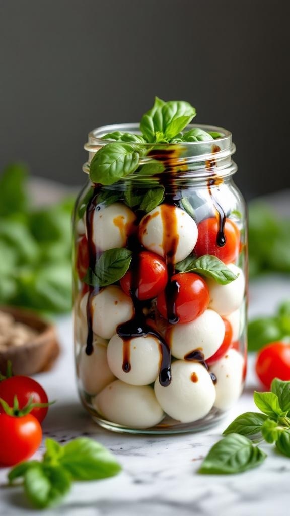 A jar filled with cherry tomatoes, mozzarella balls, and fresh basil, drizzled with balsamic glaze.