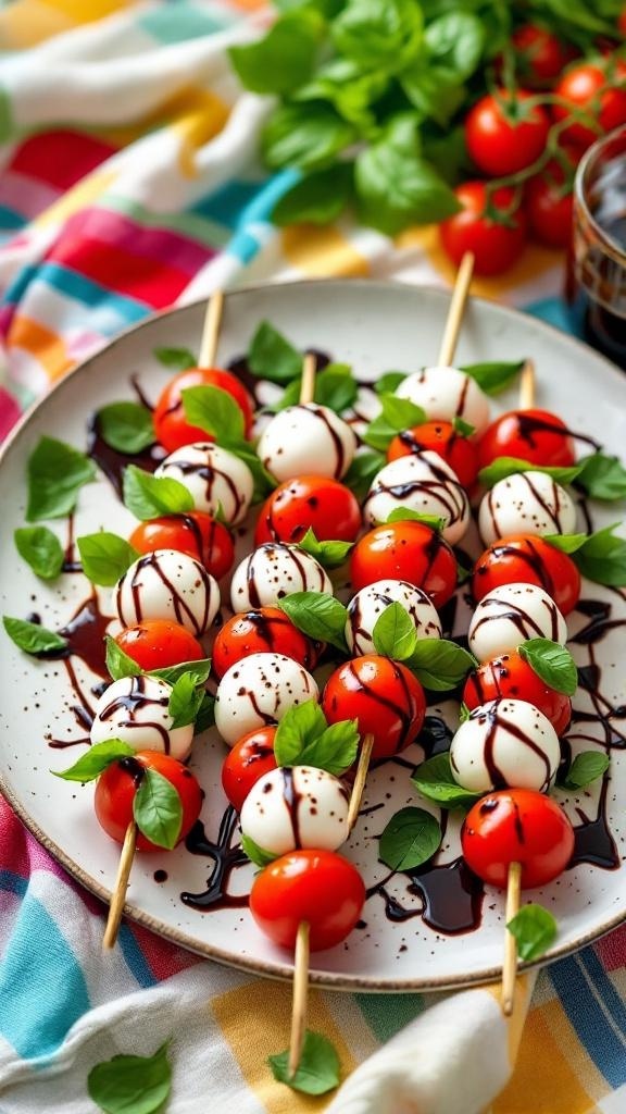 A plate of colorful Caprese skewers with cherry tomatoes, mozzarella balls, and basil leaves drizzled with balsamic glaze.