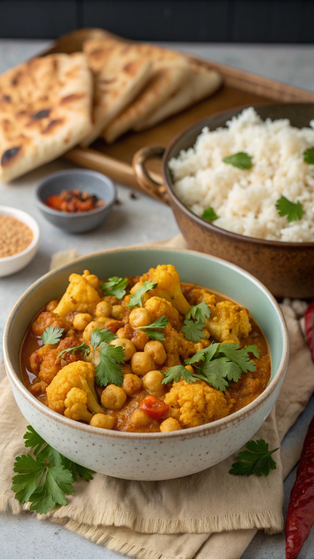 A bowl of cauliflower and chickpea curry with cilantro, served with rice and naan.