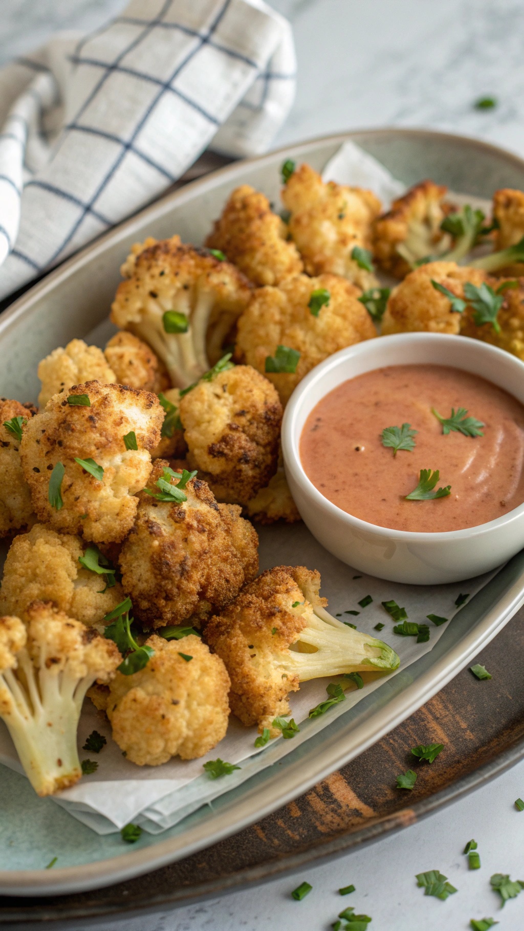 A plate of crispy cauliflower bites served with a dipping sauce, garnished with fresh herbs.