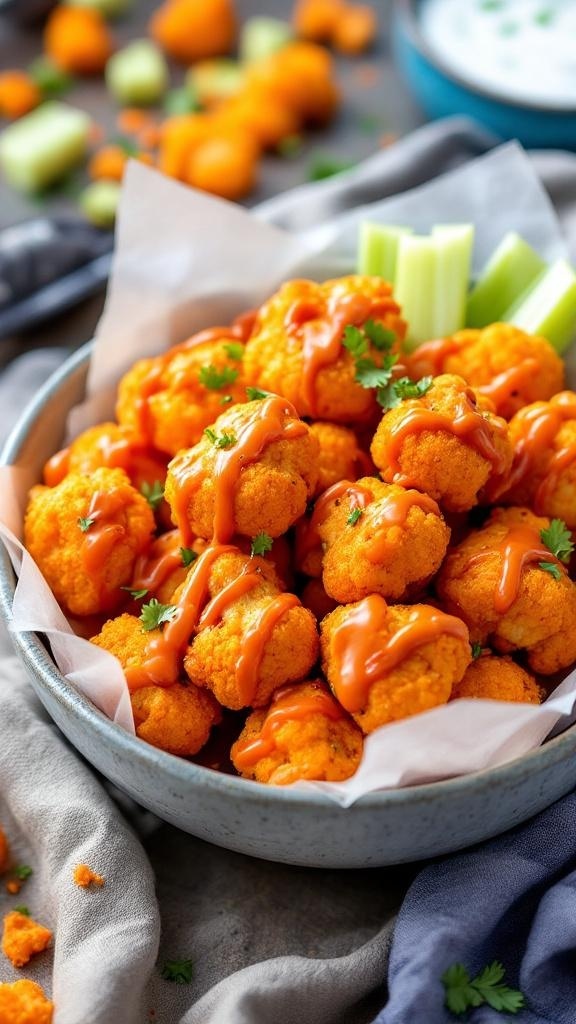 A bowl of savory cauliflower buffalo bites drizzled with sauce, garnished with parsley, and served with celery sticks.