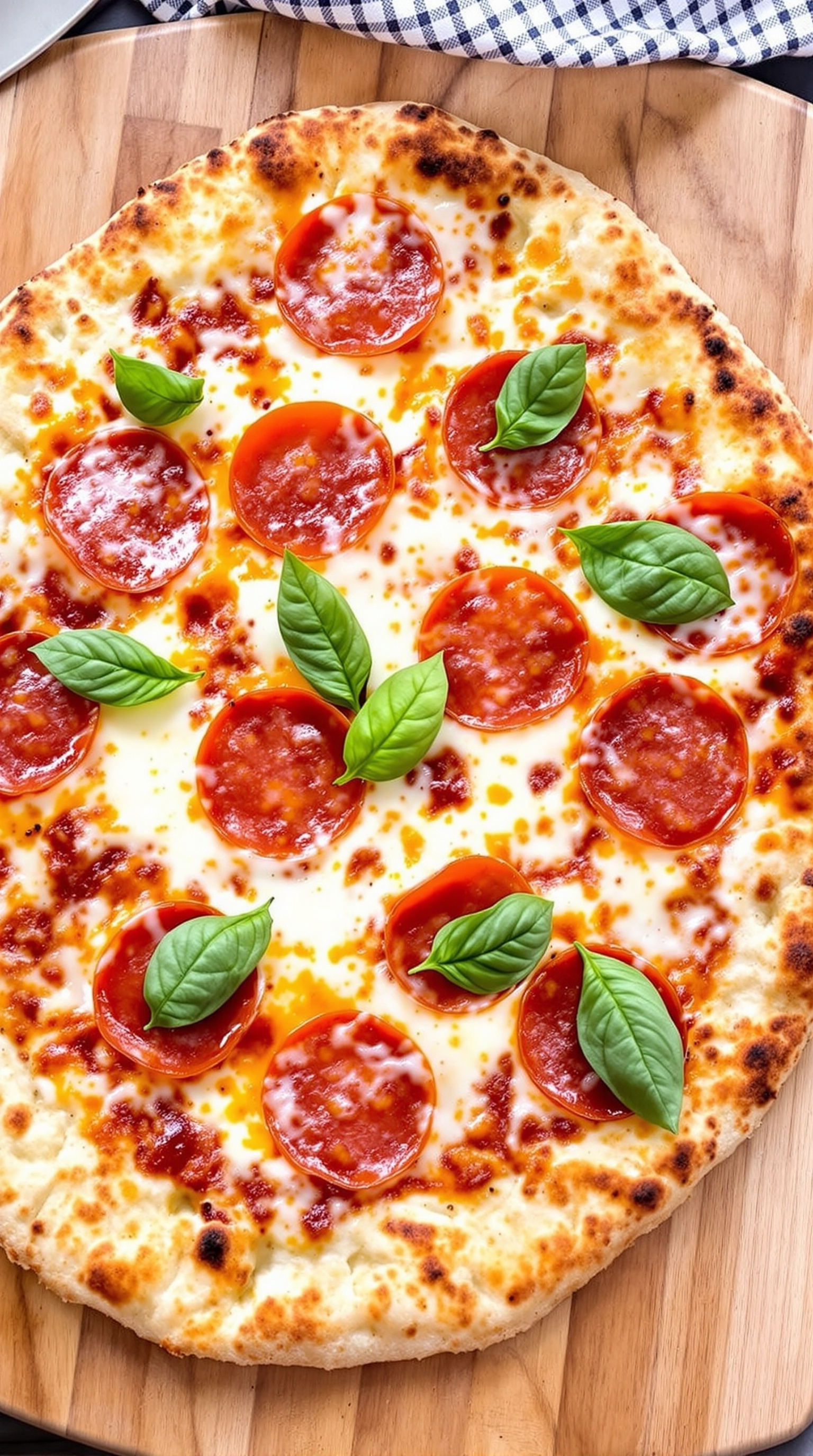A delicious cauliflower pizza topped with pepperoni and fresh basil on a wooden board.