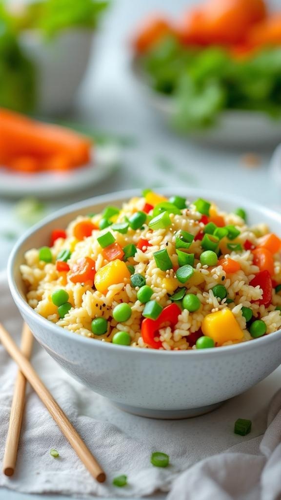 A bowl of colorful cauliflower rice stir-fry with vegetables and green onions.