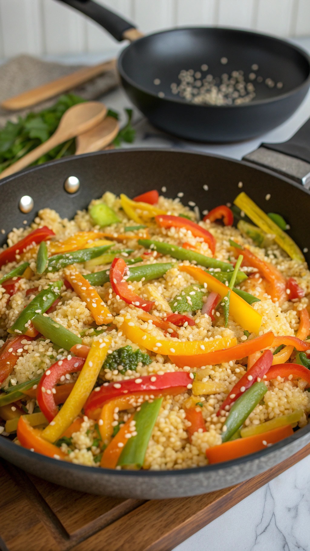 A colorful stir-fry with cauliflower rice, bell peppers, and green vegetables in a skillet.