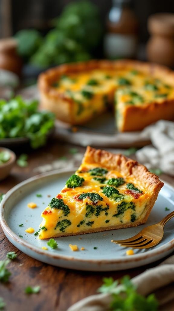 A slice of savory cheddar and broccoli quiche on a plate, with the whole quiche in the background.