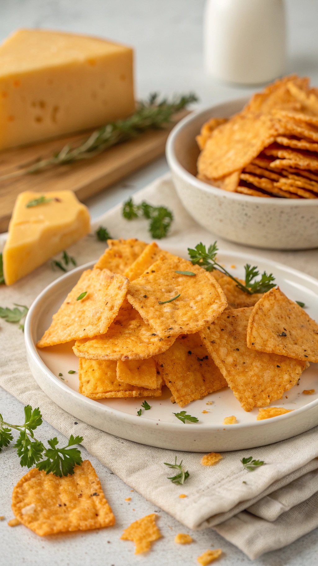 A plate of cheddar cheese crisps garnished with herbs, with a block of cheese in the background.