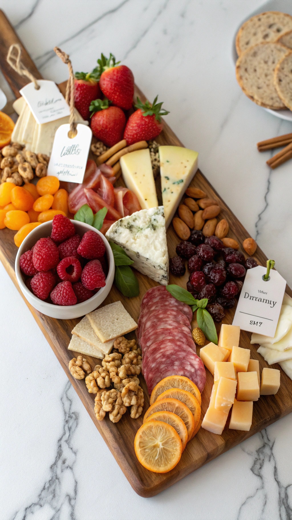 A beautifully arranged cheese and charcuterie platter with various cheeses, cured meats, fresh fruits, and nuts.