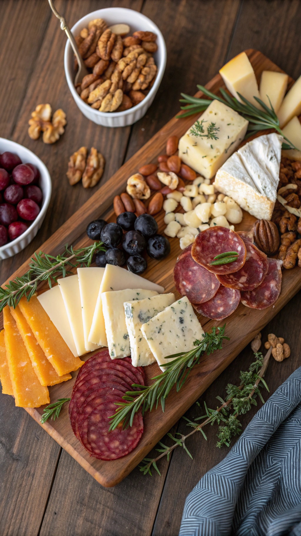 A beautifully arranged cheese and charcuterie board with various cheeses, cured meats, nuts, and fresh fruits.