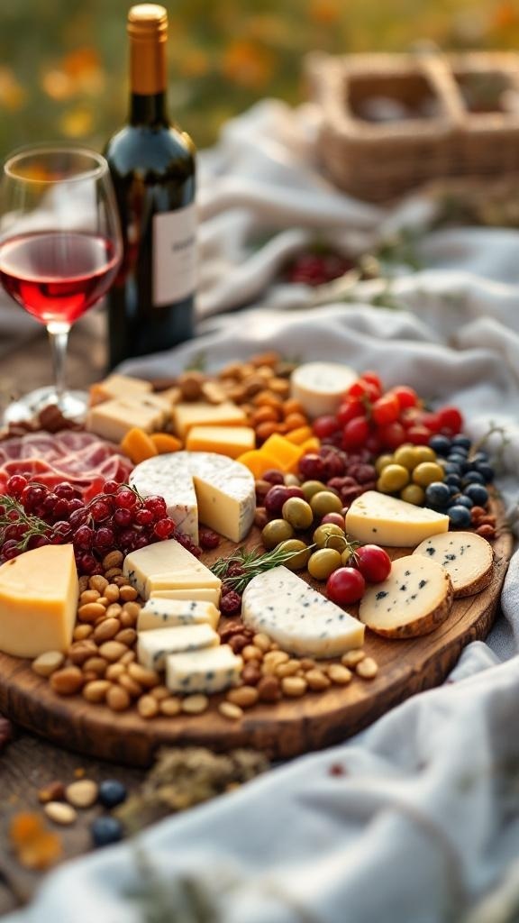 A beautiful cheese and meat platter with various cheeses, cured meats, fresh fruits, and a glass of red wine.