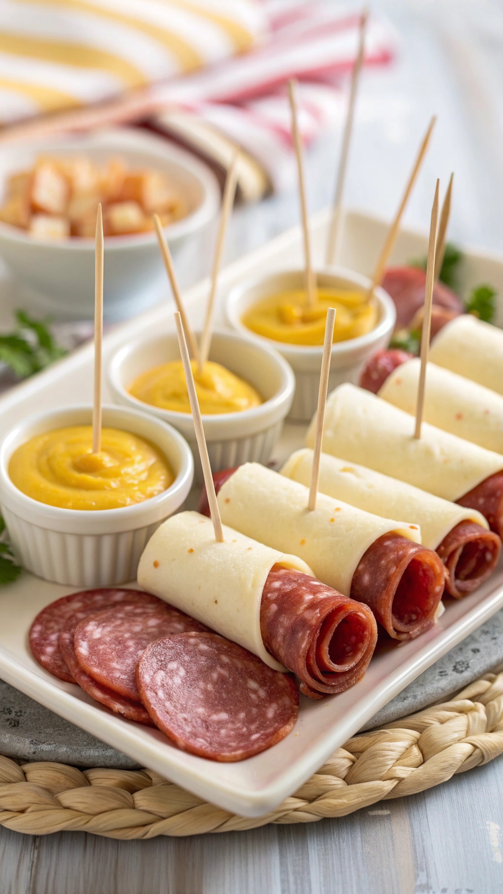 A platter of cheese and salami roll-ups with dipping sauces