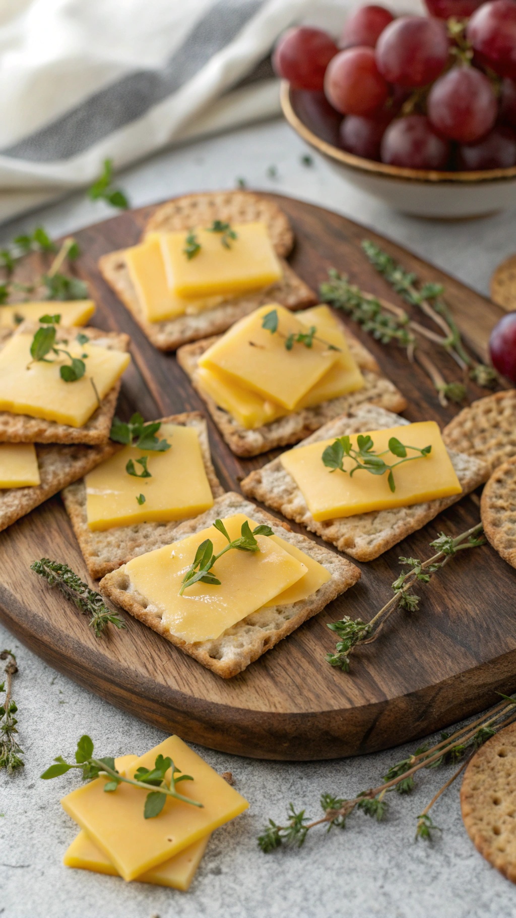 A wooden platter with whole grain crackers topped with slices of cheese and garnished with fresh herbs.