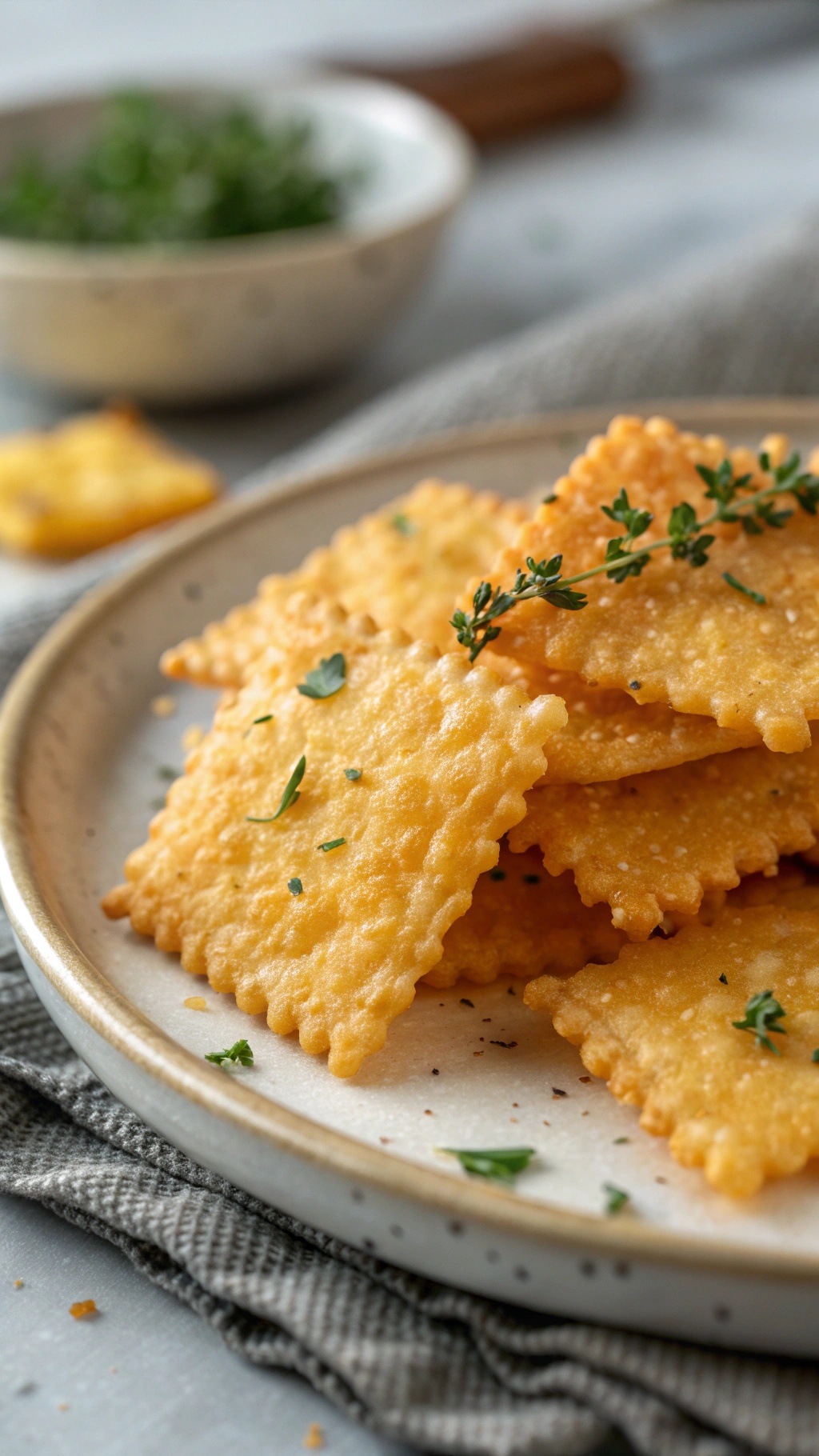 A plate of golden cheese crisps garnished with fresh herbs.