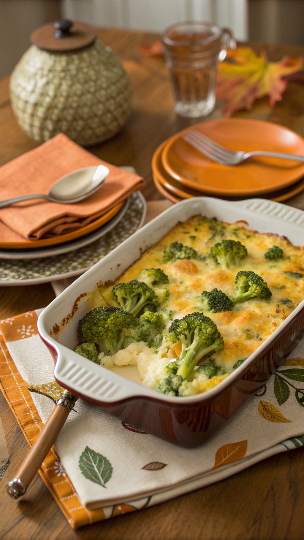 A savory cheesy broccoli casserole in a baking dish, surrounded by fall-themed tableware.