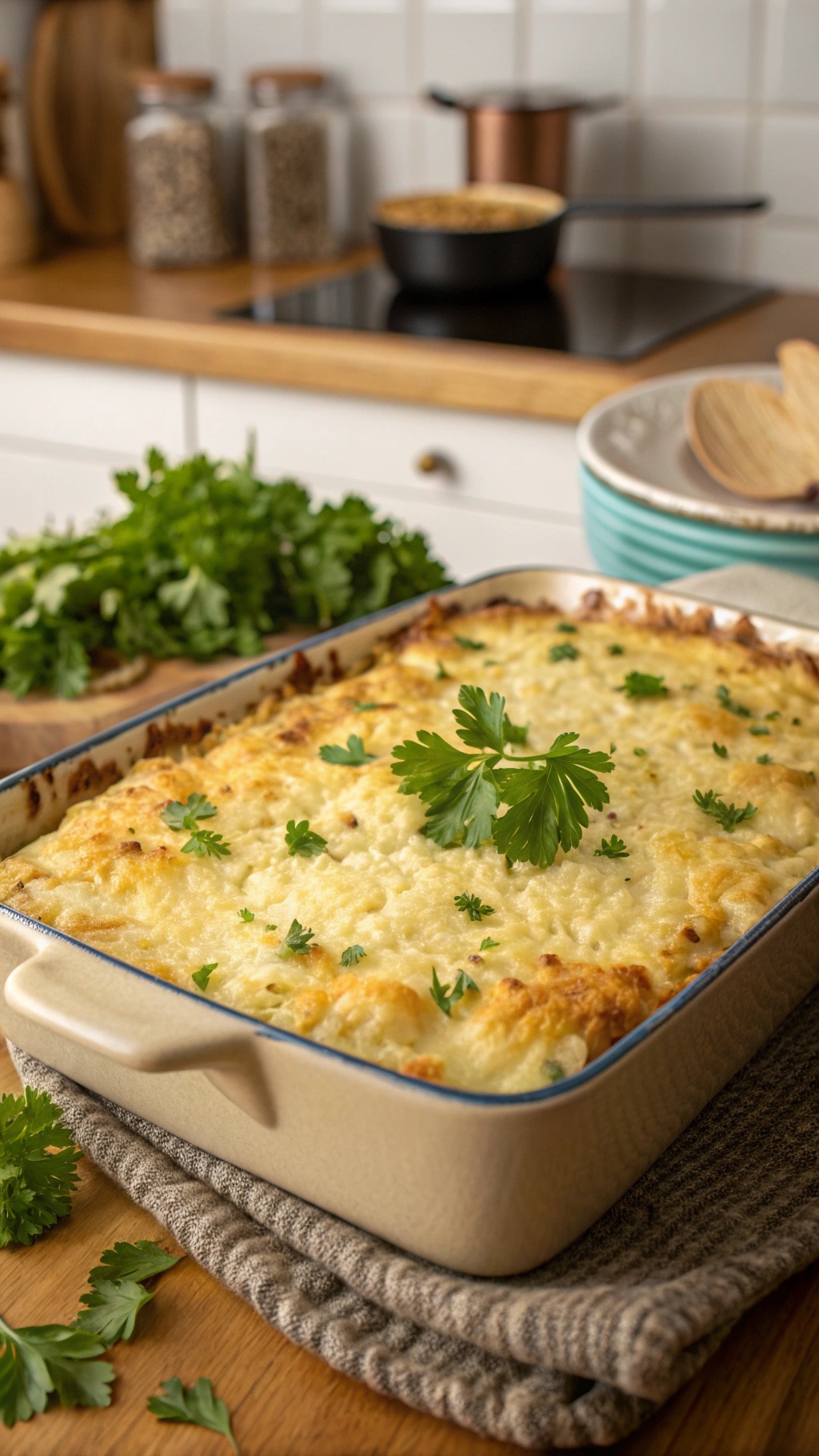 A cheesy cauliflower rice casserole topped with parsley in a warm kitchen setting.