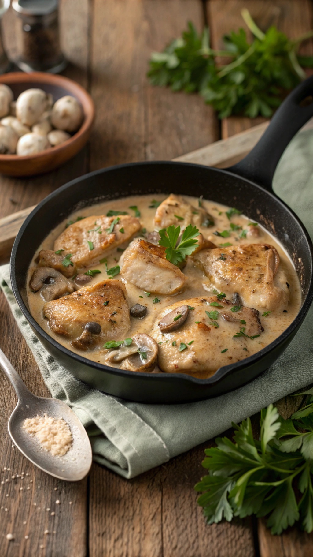 A savory chicken and mushroom skillet with creamy sauce, garnished with parsley, on a rustic wooden table.