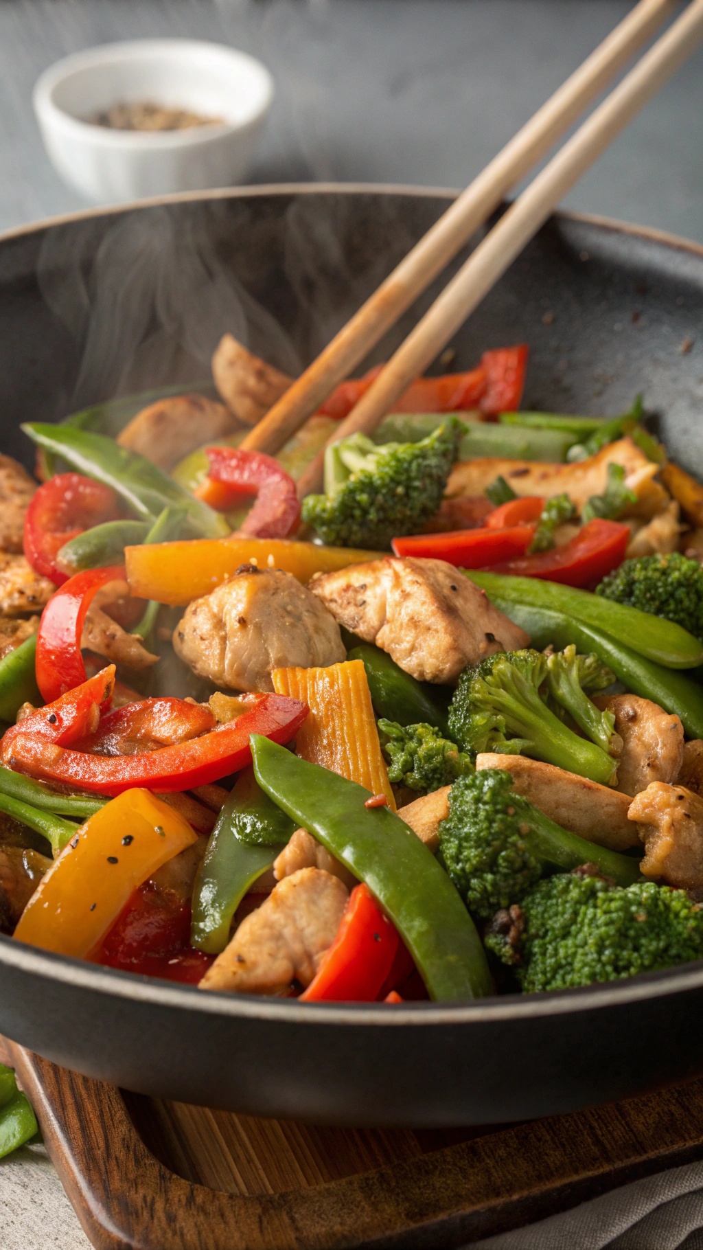 A colorful chicken and vegetable stir-fry in a black wok with chopsticks, featuring bell peppers, broccoli, and snap peas.