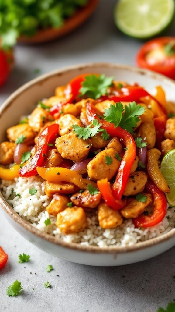 A bowl of chicken fajita with rice, bell peppers, and cilantro, garnished with lime.