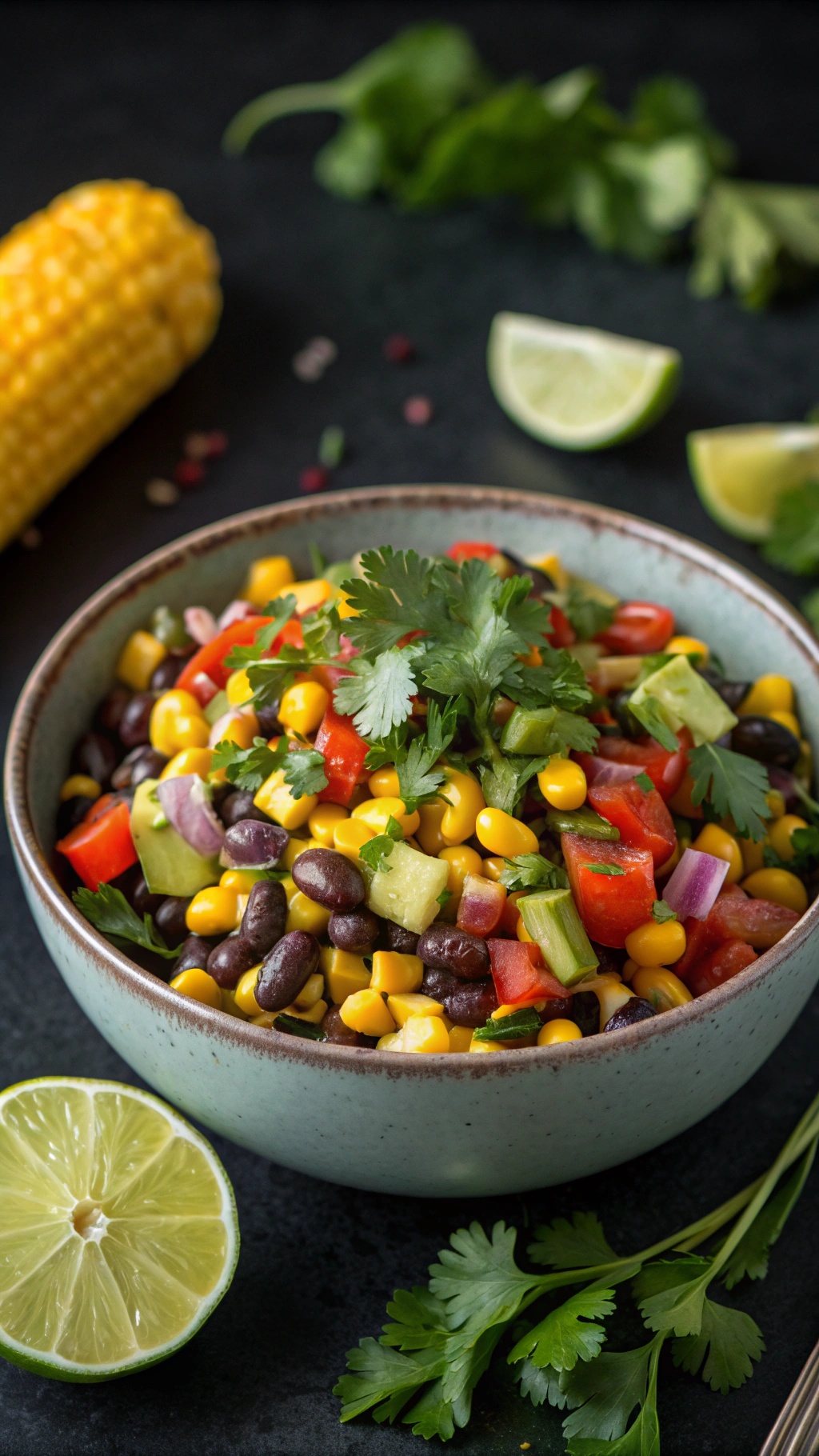 A colorful bowl of corn and black bean salad with fresh vegetables and lime.
